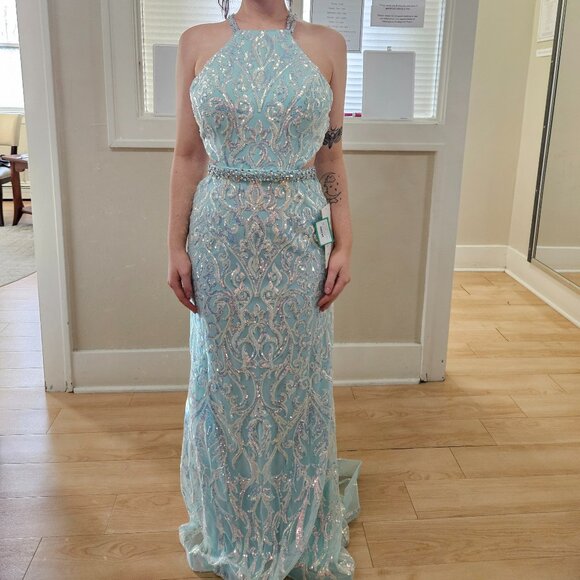 NWT Size 10 Aqua/Multicolor Rachel Allan Gown - Picture 1 of 5